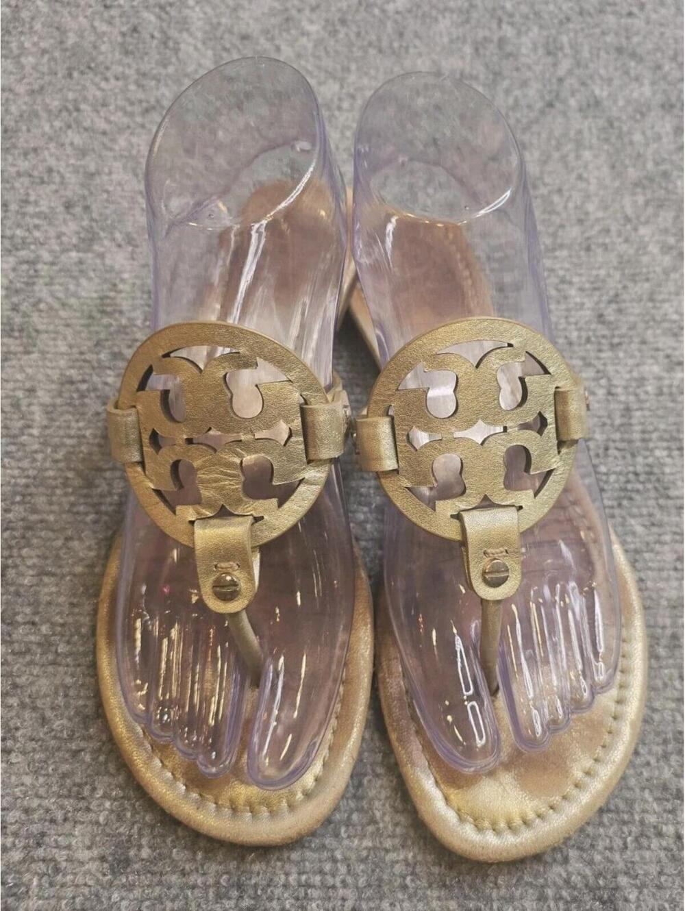 Tory Burch Miller Sandals Womens 8M Strappy Thong Gold Leather Logo Shoes
